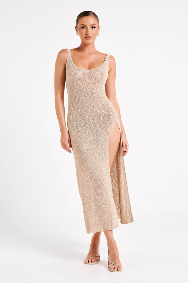 Vittoria Boucle Maxi Dress With Split - Wheat