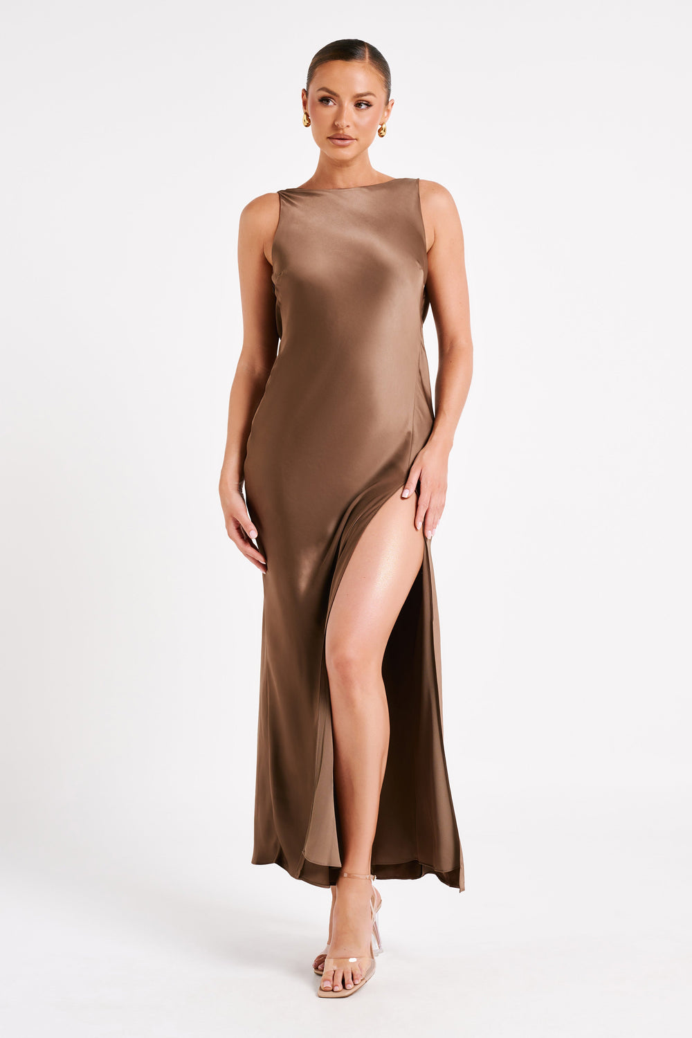 Gemima Satin Maxi Dress With Split - Mocha