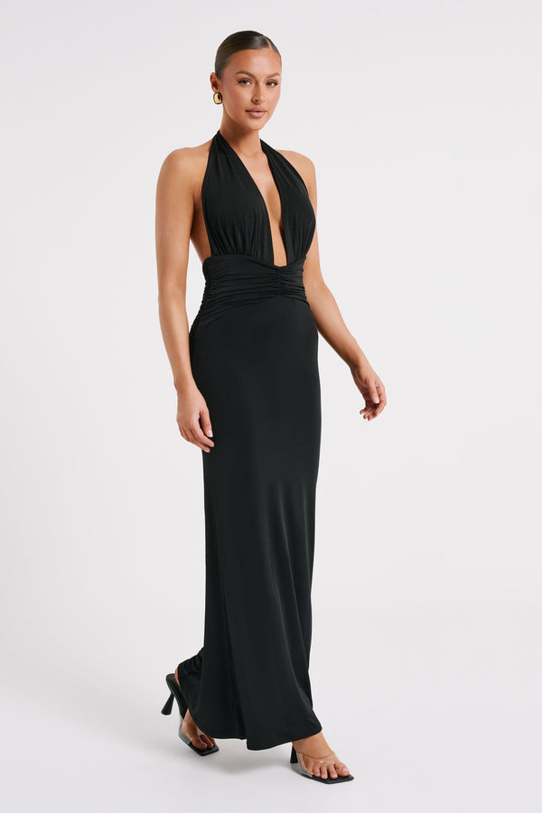 Shop Formal Dress - Jovanna  Slinky Halter Maxi Dress - Black fourth image