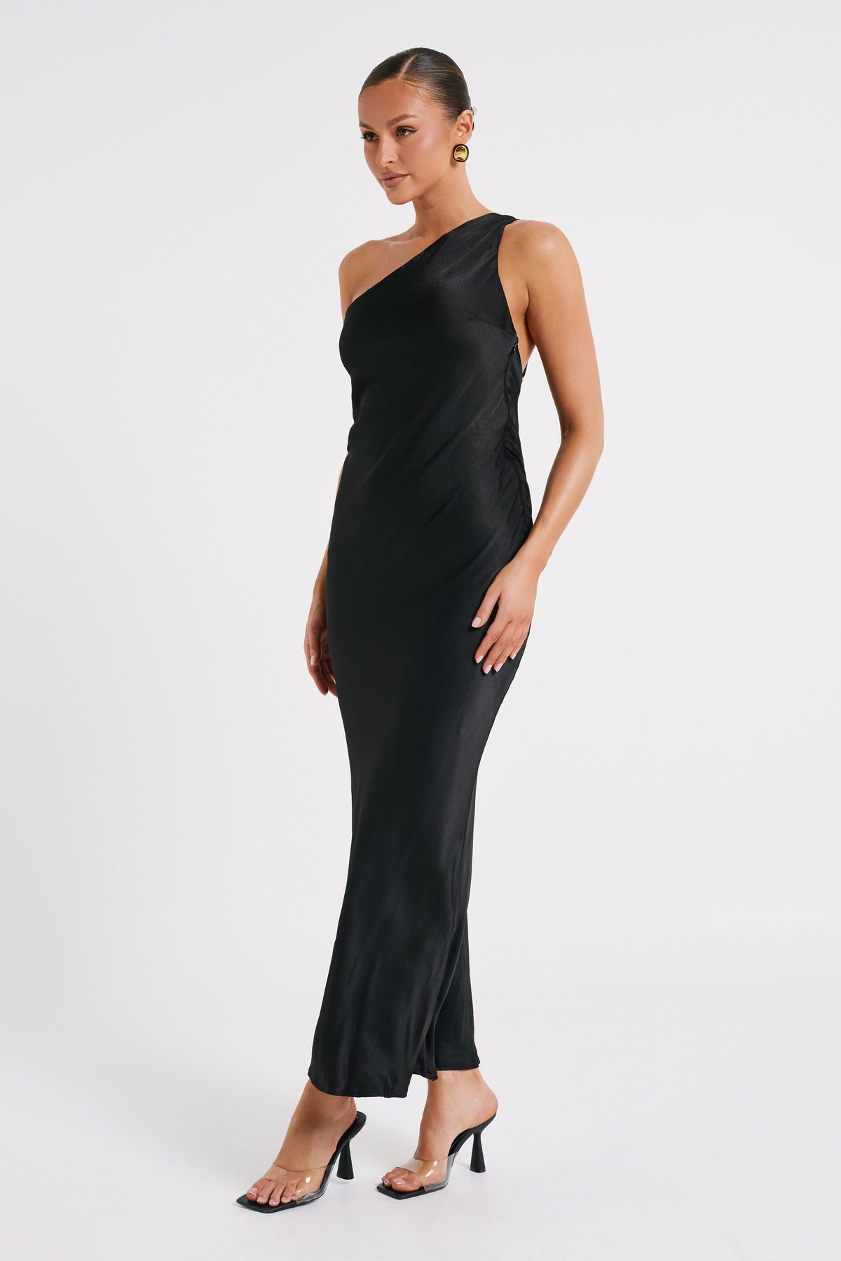 Alejandra One Shoulder Satin Maxi Dress - Black #5
