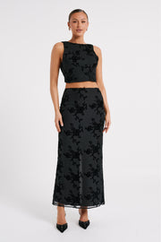 Mona Burnout Velvet Maxi Skirt - Black