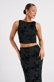 Mona Burnout Velvet Cowl Back Top - Black