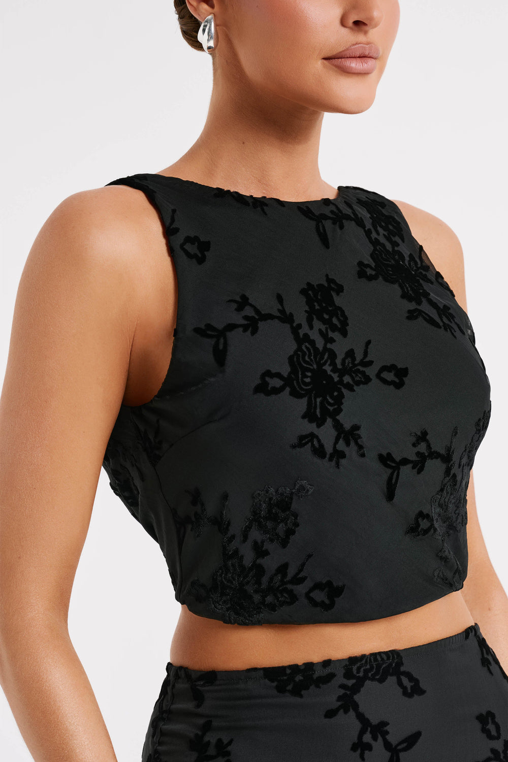 Mona Burnout Velvet Cowl Back Top - Black