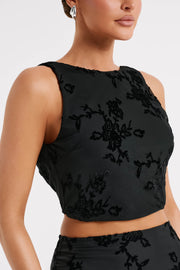 Mona Burnout Velvet Cowl Back Top - Black