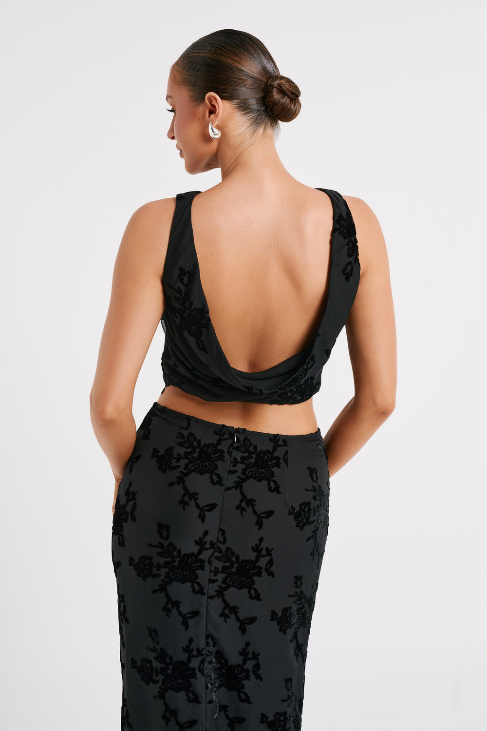 Mona Burnout Velvet Cowl Back Top - Black