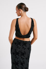 Mona Burnout Velvet Cowl Back Top - Black