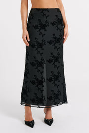 Mona Burnout Velvet Maxi Skirt - Black