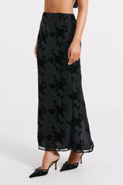 Mona Burnout Velvet Maxi Skirt - Black