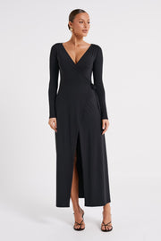 Gillian Recycled Nylon Wrap Maxi Dress - Black