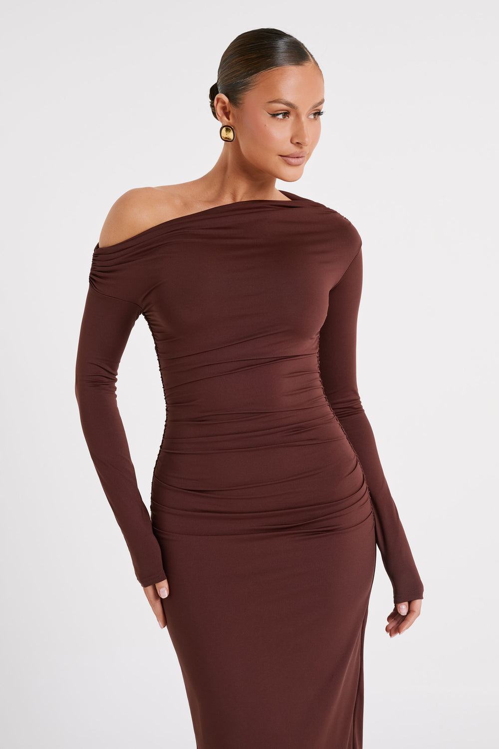 Christabel Recycled Nylon Ruched Midi Dress - Chocolate