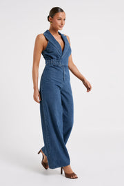 Cadie Sleeveless Denim Jumpsuit - Dark Blue