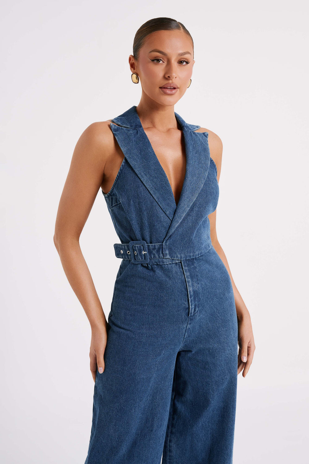 Cadie Sleeveless Denim Jumpsuit - Dark Blue