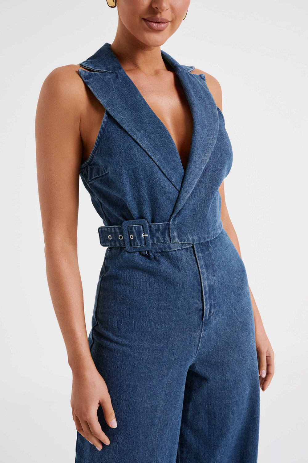 Cadie Sleeveless Denim Jumpsuit - Dark Blue
