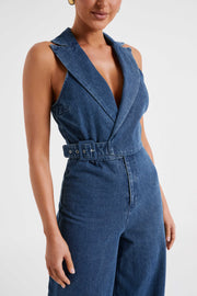 Cadie Sleeveless Denim Jumpsuit - Dark Blue