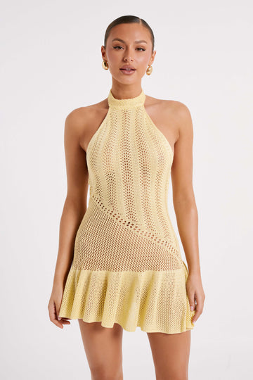 Tash Mixed Yarn Halter Mini Dress - Lemon