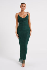 Madelaine Diamante Mesh Cowl Maxi Dress - Emerald