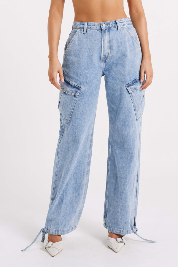 Thelma Relaxed Denim Cargo Pants - Mid Blue