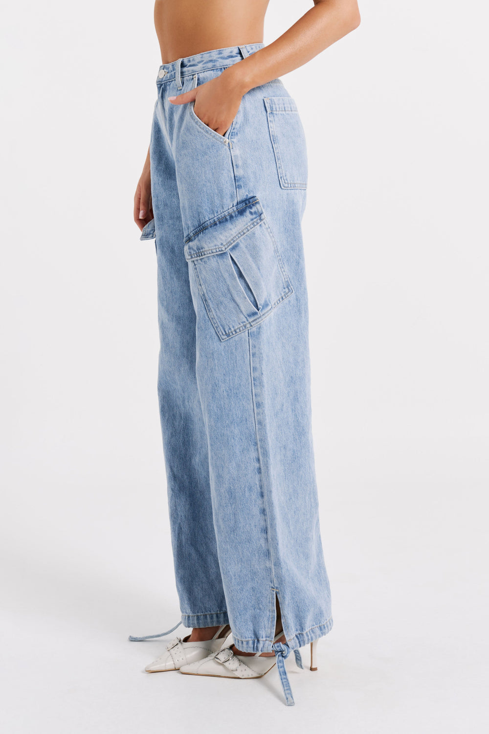 Thelma Relaxed Denim Cargo Pants - Mid Blue