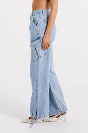 Thelma Relaxed Denim Cargo Pants - Mid Blue