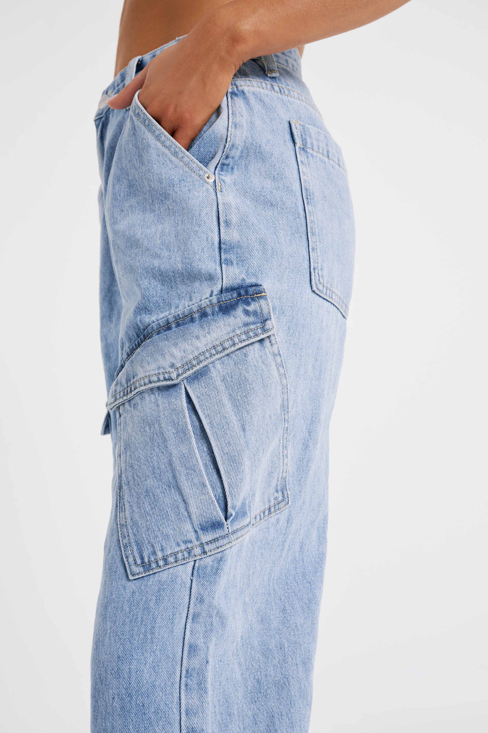 Thelma Relaxed Denim Cargo Pants - Mid Blue