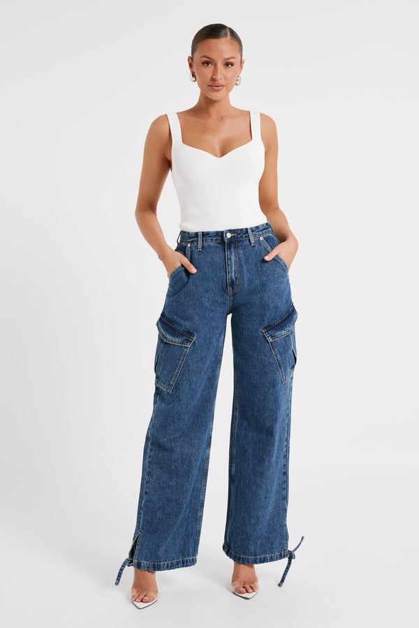 Thelma Relaxed Denim Cargo Pants - Dark Blue - MESHKI