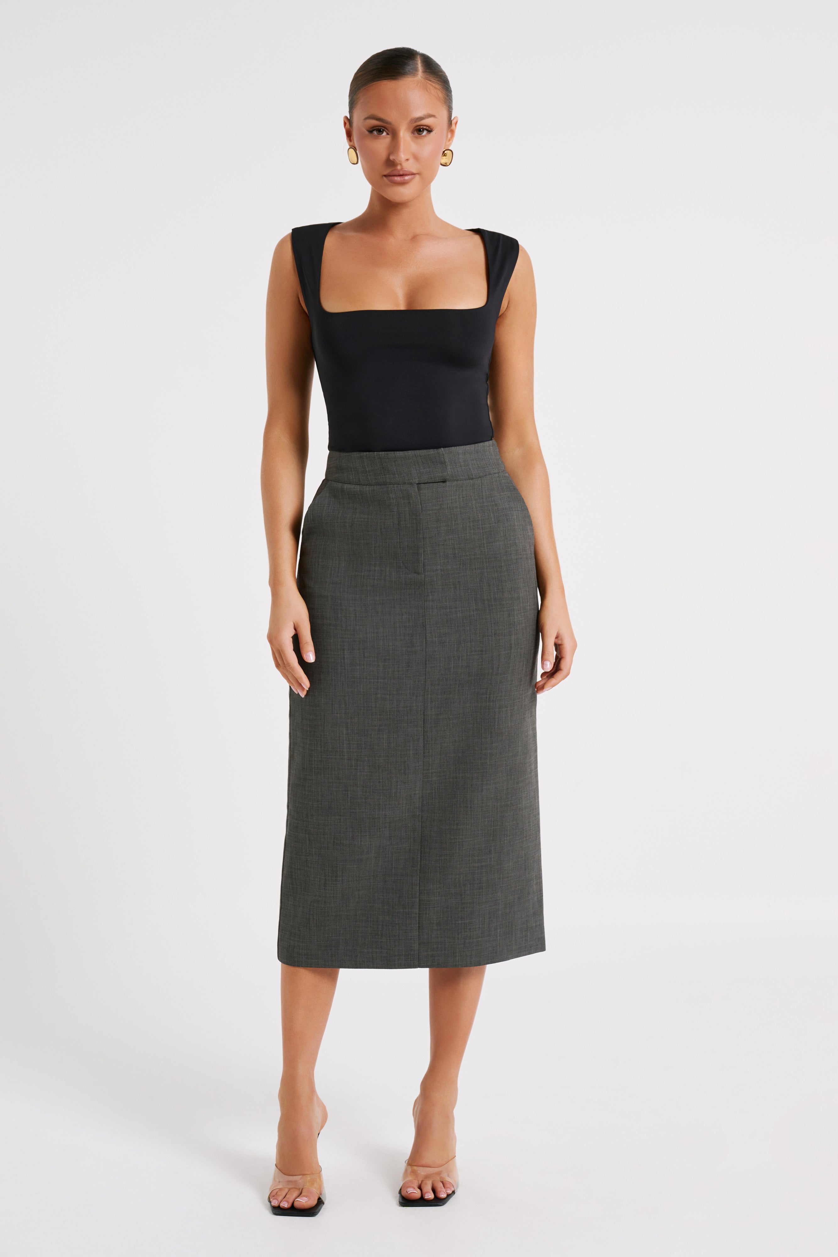 Marcie Textured Suiting Midi Skirt - Charcoal - MESHKI