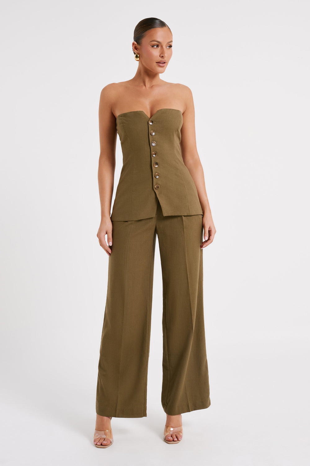 Innis Linen Longline Strapless Top - Olive