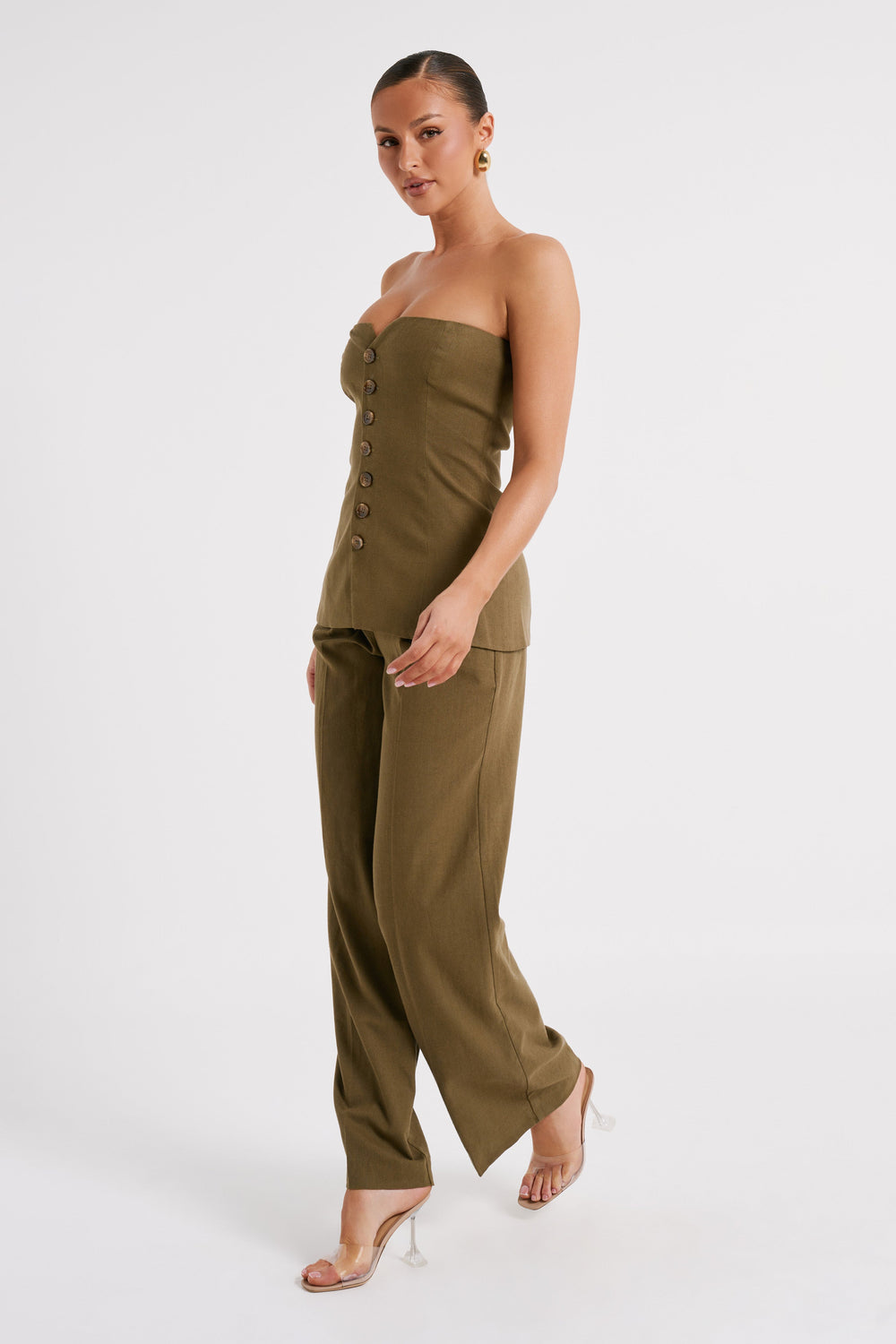 Innis Linen Longline Strapless Top - Olive