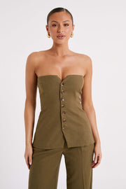 Innis Linen Longline Strapless Top - Olive