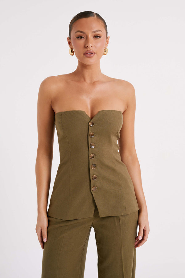 Innis Linen Longline Strapless Top - Olive