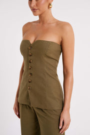 Innis Linen Longline Strapless Top - Olive