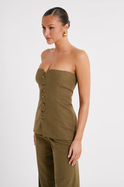 Innis Linen Longline Strapless Top - Olive