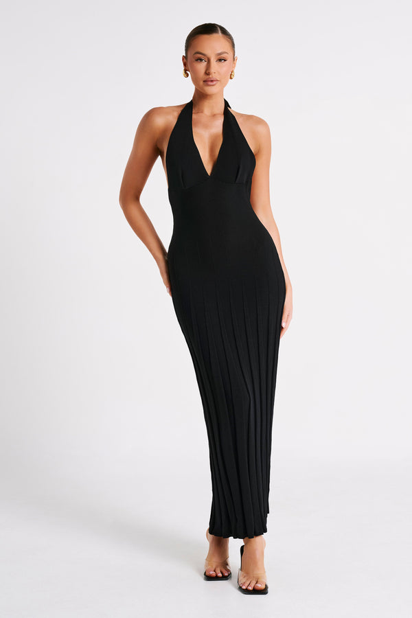 Caity Ribbed Halter Maxi Dress - Black - MESHKI