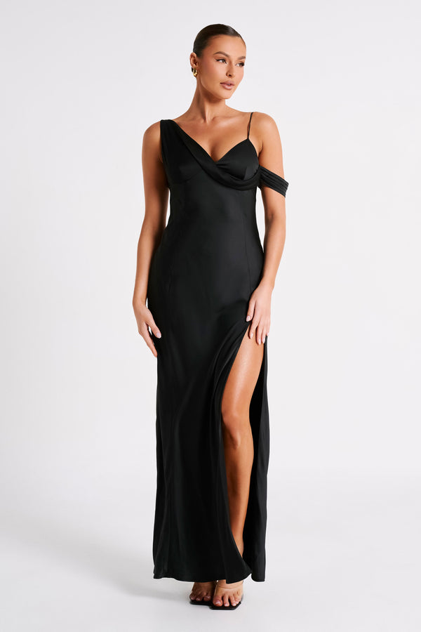 Soleil Satin Off Shoulder Maxi Dress - Black