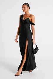 Soleil Satin Off Shoulder Maxi Dress - Black