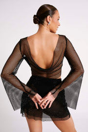 Hilton Diamante Mesh Cowl Top - Black