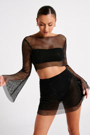 Hilton Diamante Mesh Cowl Top - Black