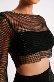 Hilton Diamante Mesh Cowl Top - Black