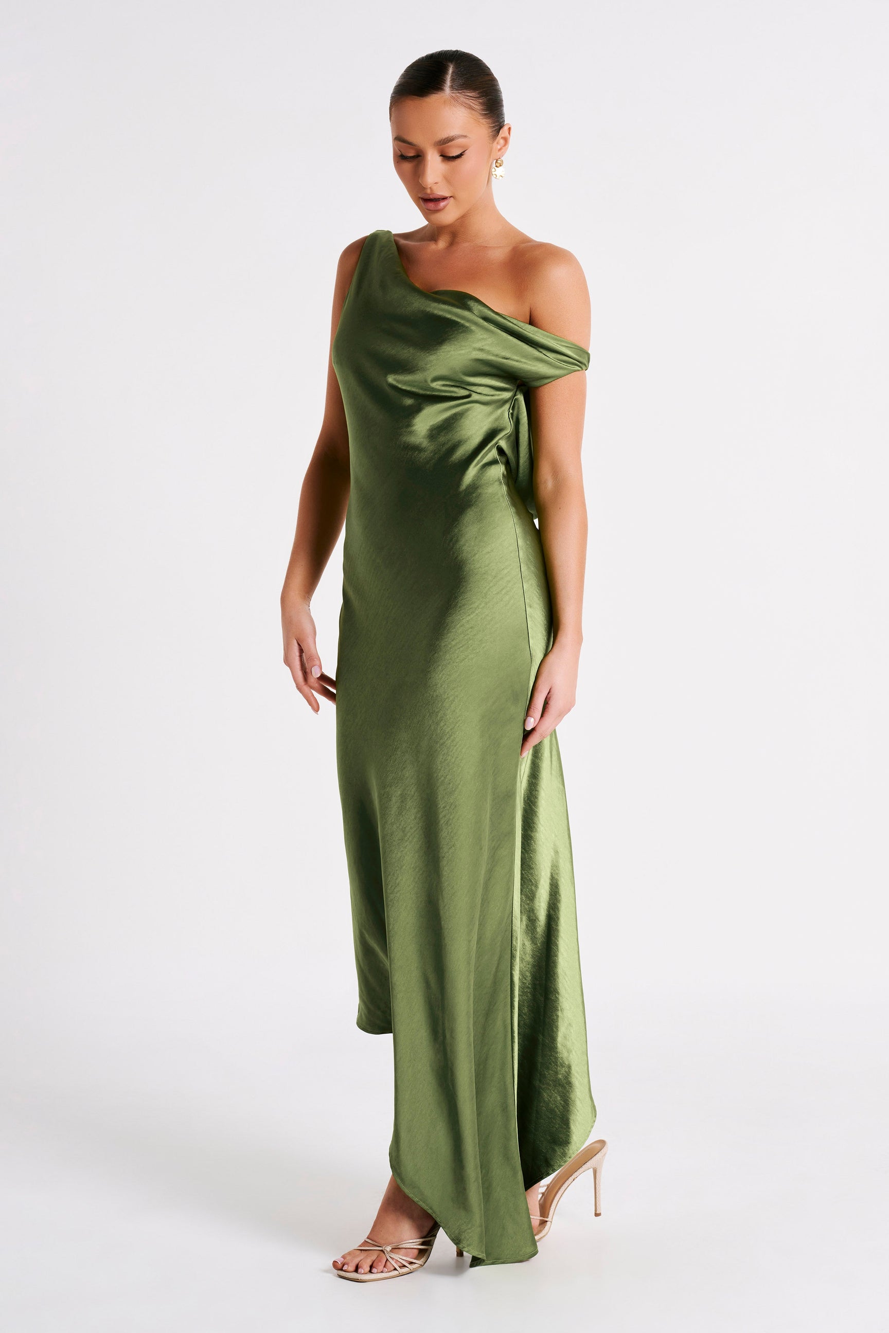 Yvette Slip Maxi Dress With Asymmetrical Hem - Emerald - MESHKI
