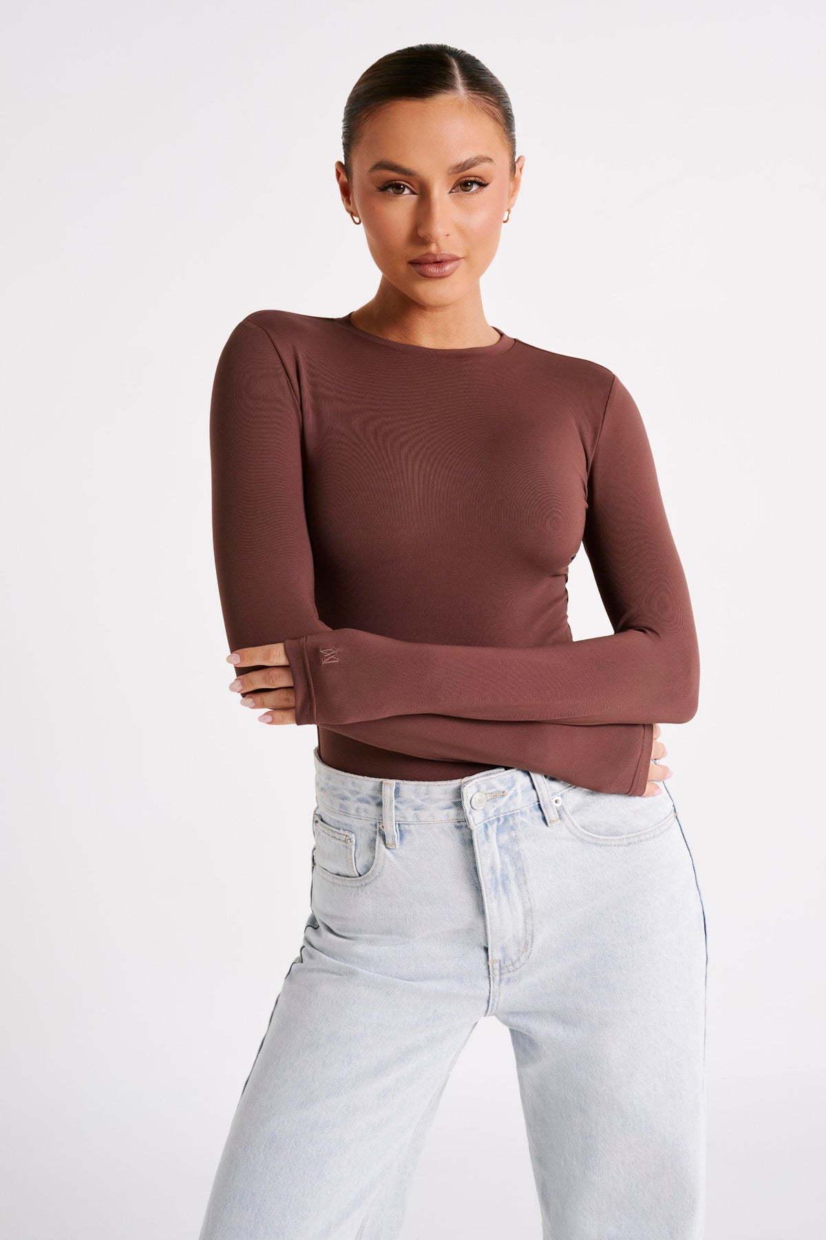 Delilah Recycled Nylon Long Sleeve Crew Neck Bodysuit - Mocha #3
