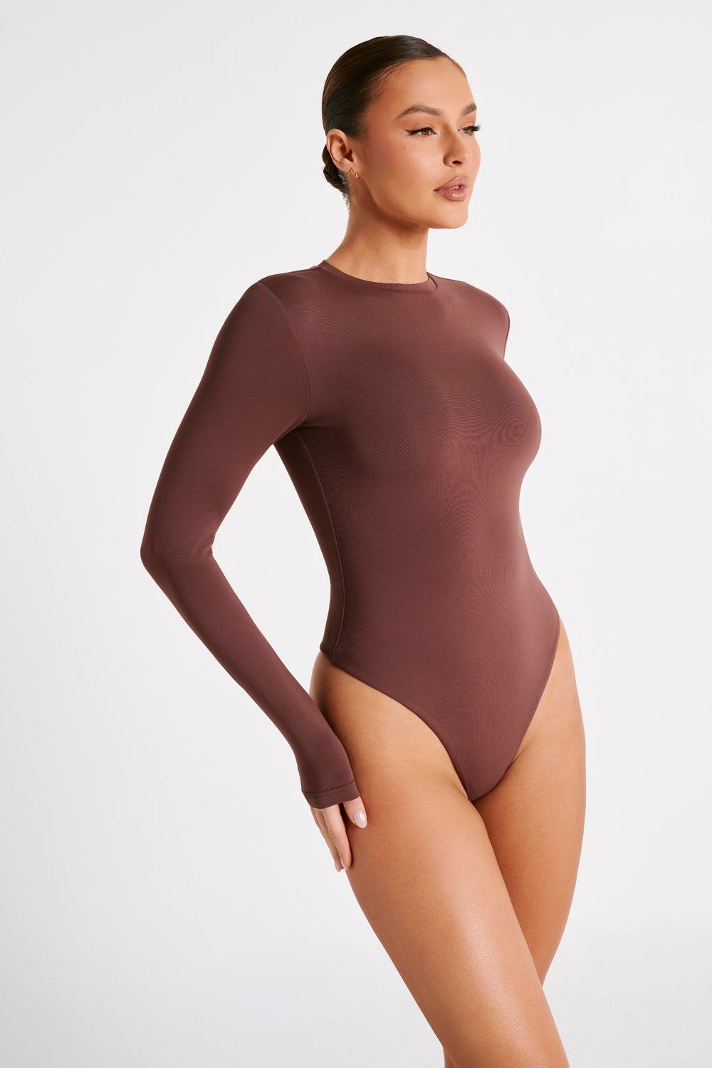 Delilah Recycled Nylon Long Sleeve Crew Neck Bodysuit - Mocha