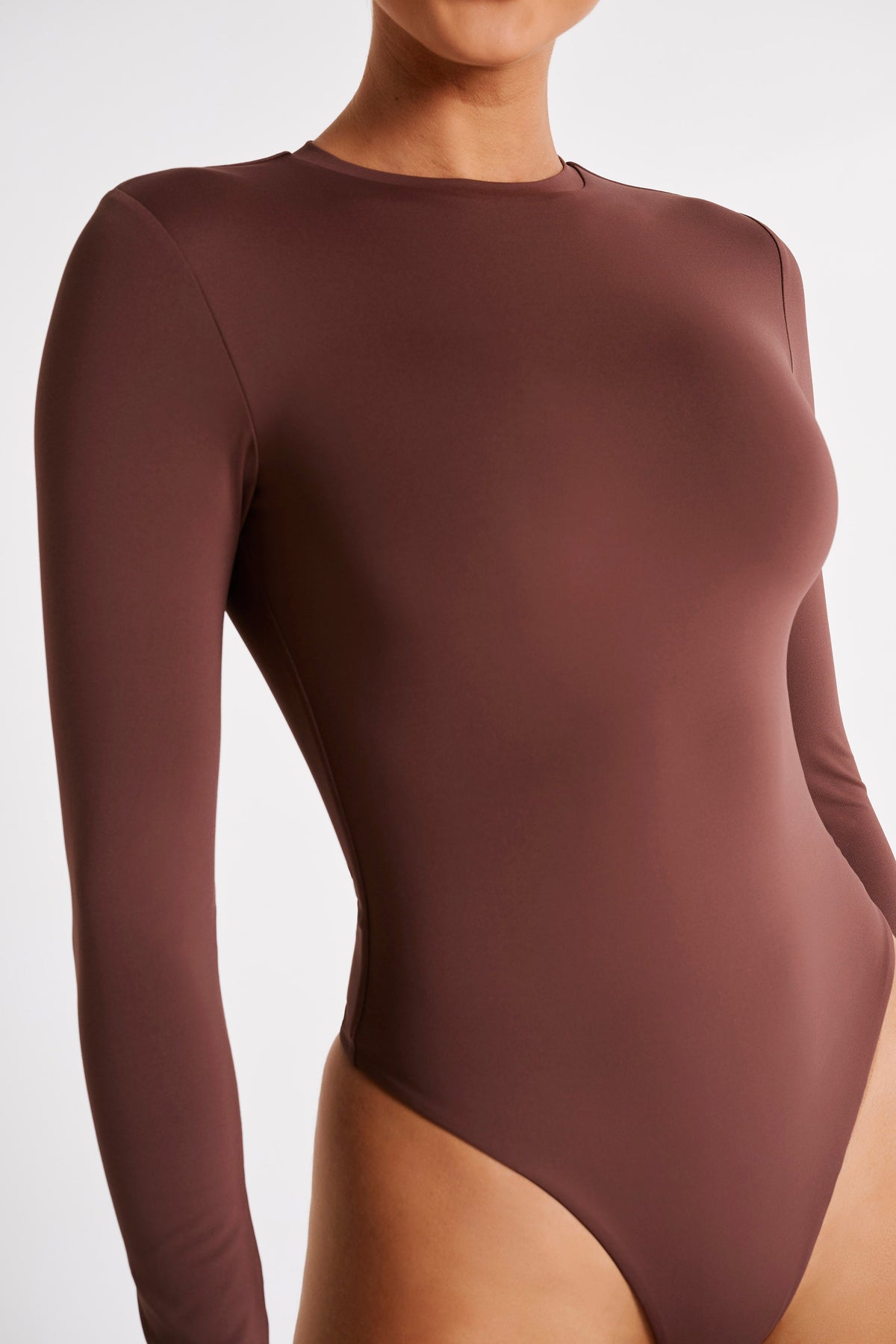 Delilah Recycled Nylon Long Sleeve Crew Neck Bodysuit - Mocha #6