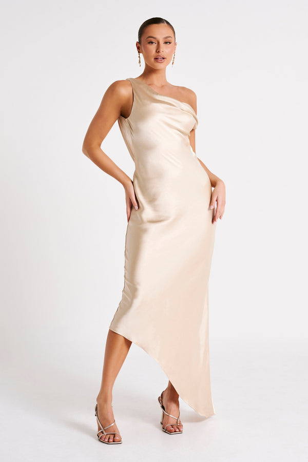 Shop Formal Dress - Yvette  Slip Maxi Dress With Asymmetrical Hem - Gold third image