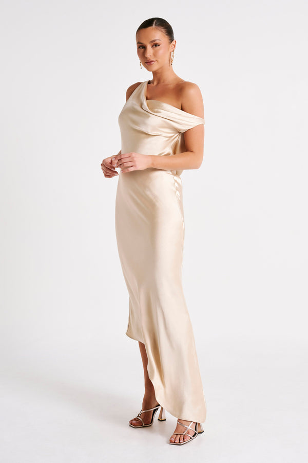 Shop Formal Dress - Yvette  Slip Maxi Dress With Asymmetrical Hem - Gold featured image