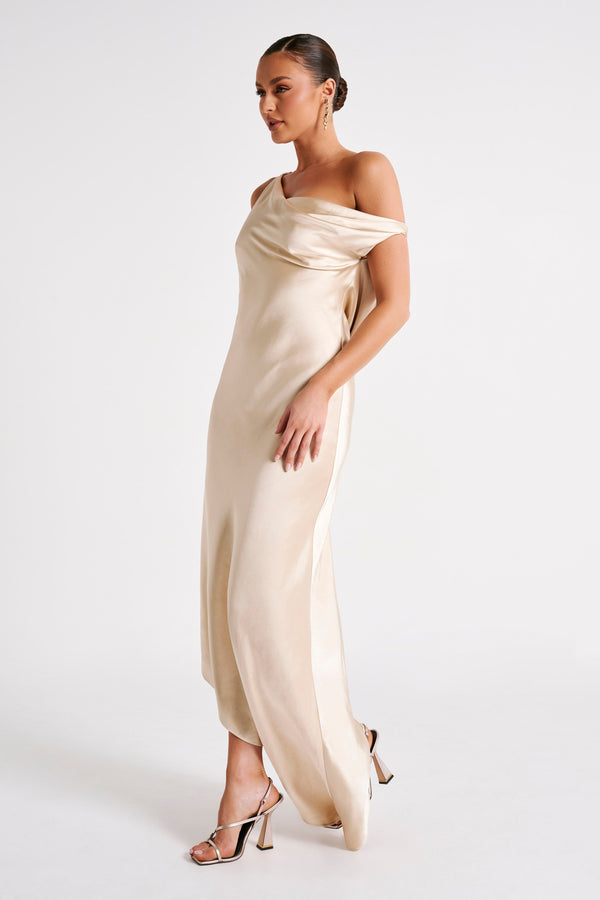 Shop Formal Dress - Yvette  Slip Maxi Dress With Asymmetrical Hem - Gold fourth image