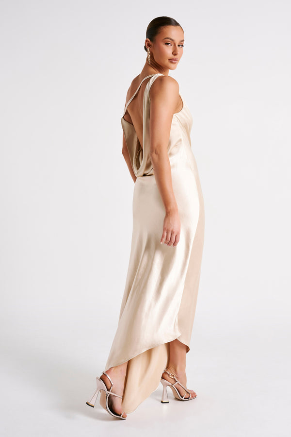 Shop Formal Dress - Yvette  Slip Maxi Dress With Asymmetrical Hem - Gold fifth image
