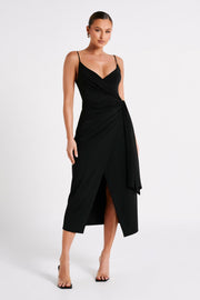 Caroline Draped Wrap Midi Dress - Black