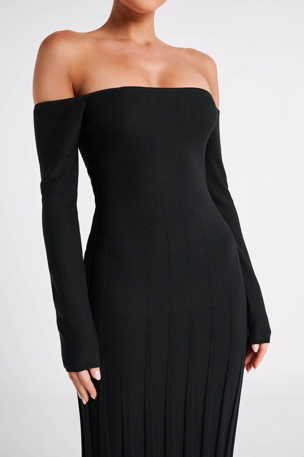 Emmeline Long Sleeve Rib Knit Midi Dress - Black - MESHKI