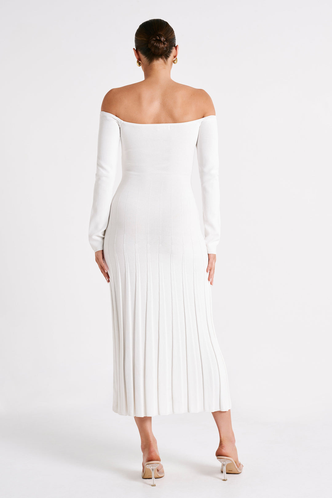 Emmeline Long Sleeve Rib Knit Midi Dress - White - MESHKI