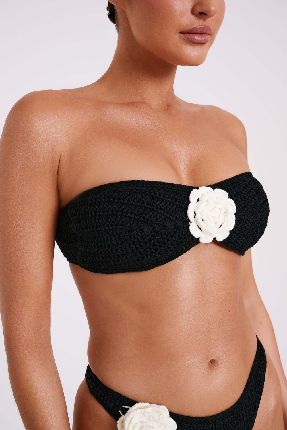 Noreen Rose Contrast Crochet Bikini Top - Black